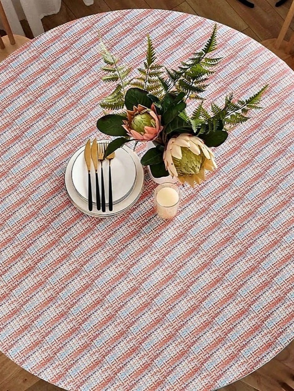 NWT 44” Round Fitted Vinyl Tablecloth Orange Blue Twill Weave Waterproof